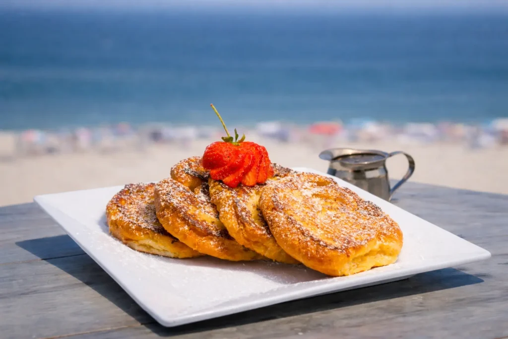 Plate of powdered sugar–dusted French toast topped with a sliced strawberry, served on a wooden table with a syrup pitcher and beach ocean backdrop at Seaside on the Pier.
